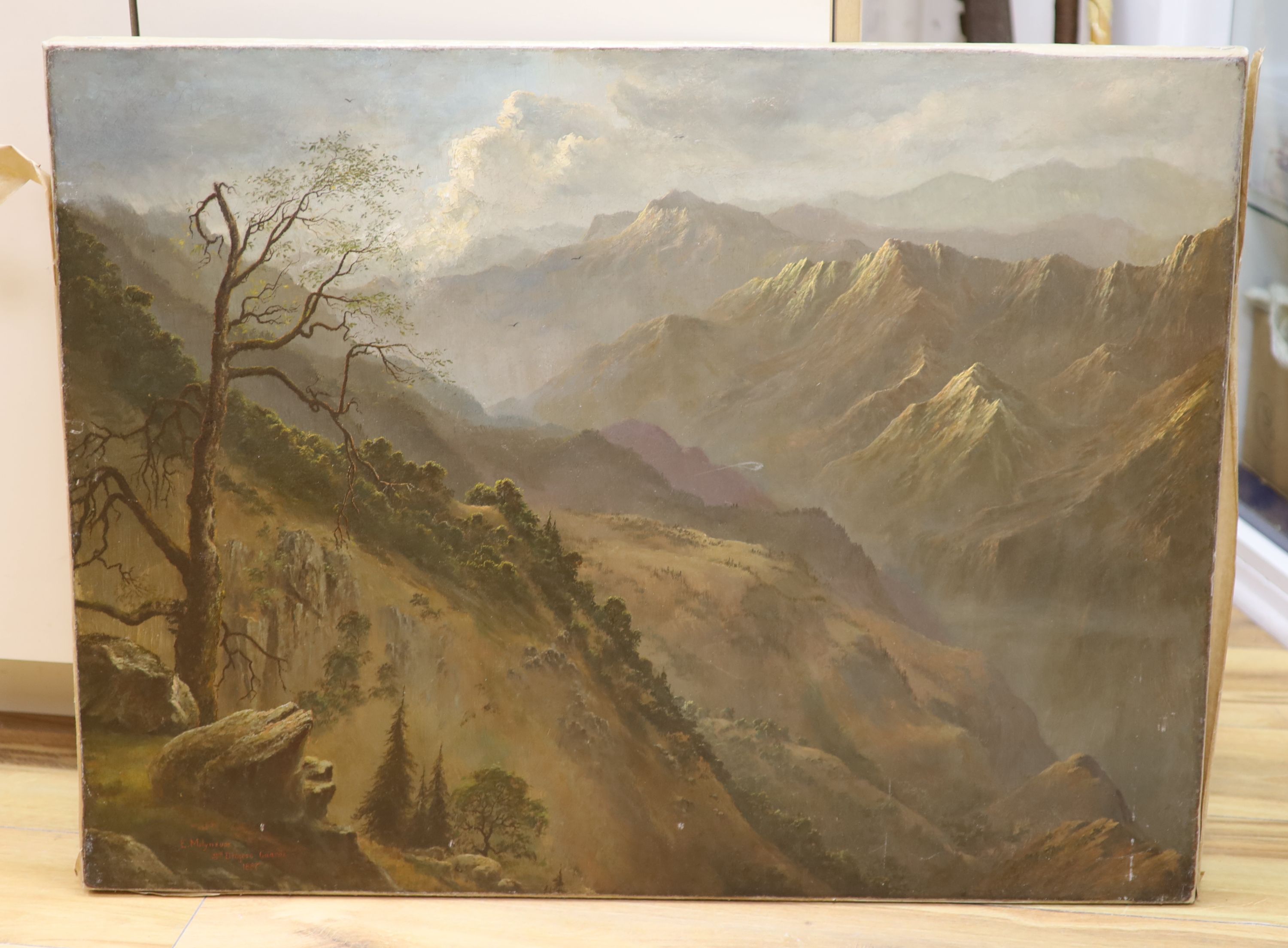 E.Molyneux (19th C.), oil on canvas, Breaking off the rains of Chakata from below the Camel Back, India, signed E. Molyneux, 3rd Dragoon Guards 1887, 62 x 81cm, unframed